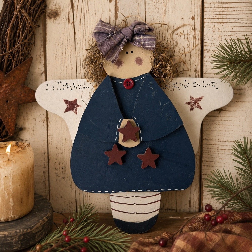 Vintage Primitive Wood Angel Wall Hanging Folk Art Christmas Decor Cottage Core